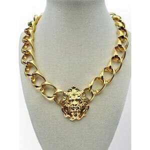 80's Royal Lion Head Gold Tone Link Necklace